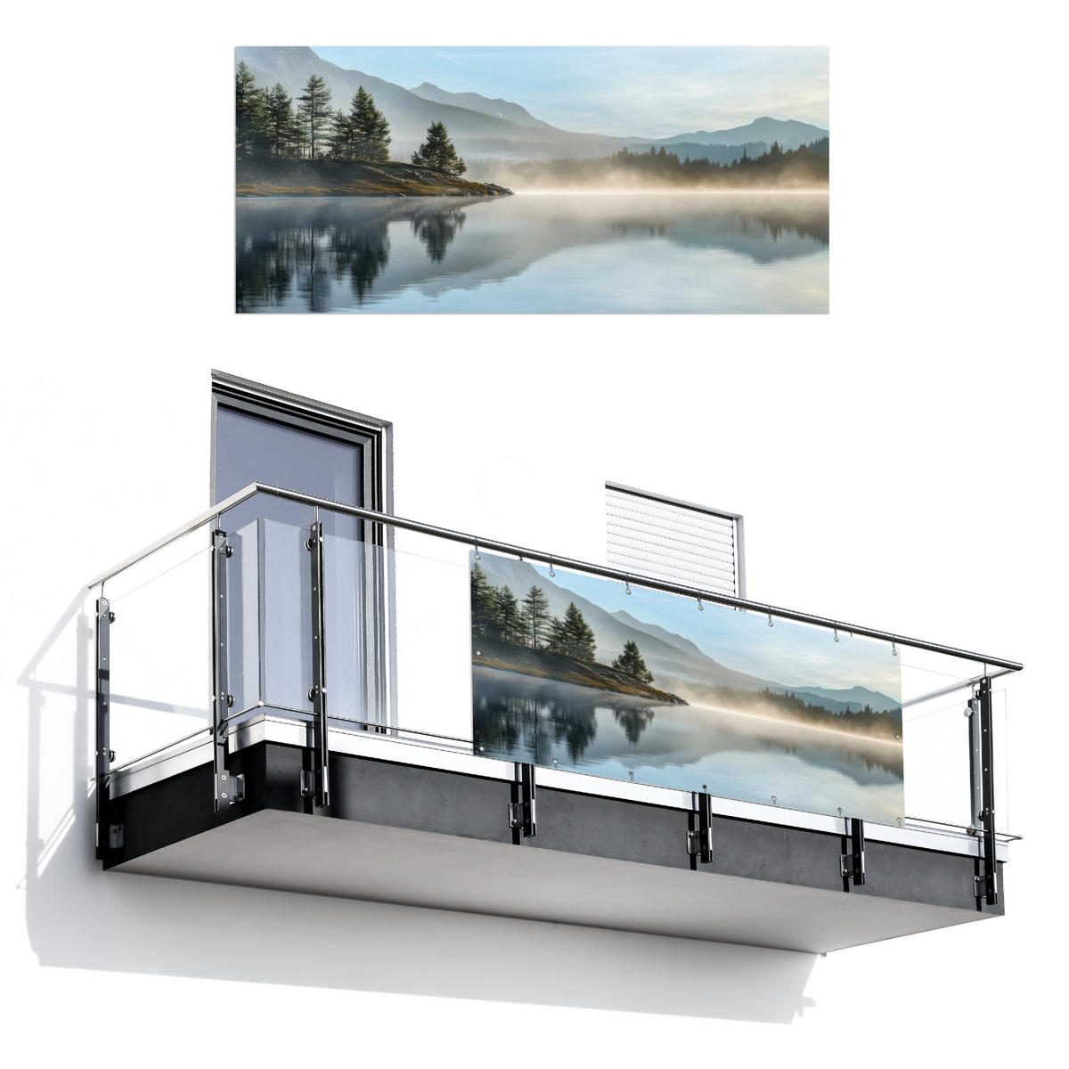 BALKON-SICHTSCHUTZ See - Nebel - Berge - Landschaft - Hellblau, Kunststoff (200/90cm) - MuchoWow