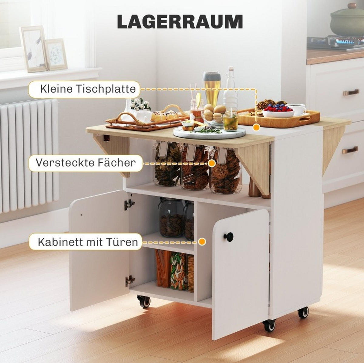 KLAPPTISCH 70/83/75 cm mit 2 Klappseiten, Stauraum und 4 Rollen, Weiß - Weiß, Holz (70/83/75cm) - Redom