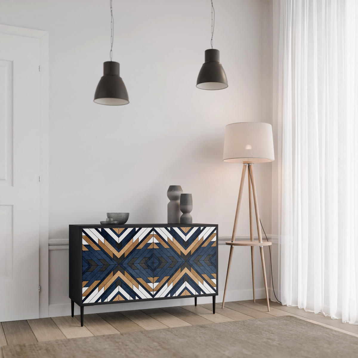SIDEBOARD ARTFUL GEOMETRY, Eicheneffekt, 111x42x77,5 cm, 2 Türen - Eichefarben/Buchefarben, Holzwerkstoff/Buchenholz (111/77.5/42cm) - SpaceRebels