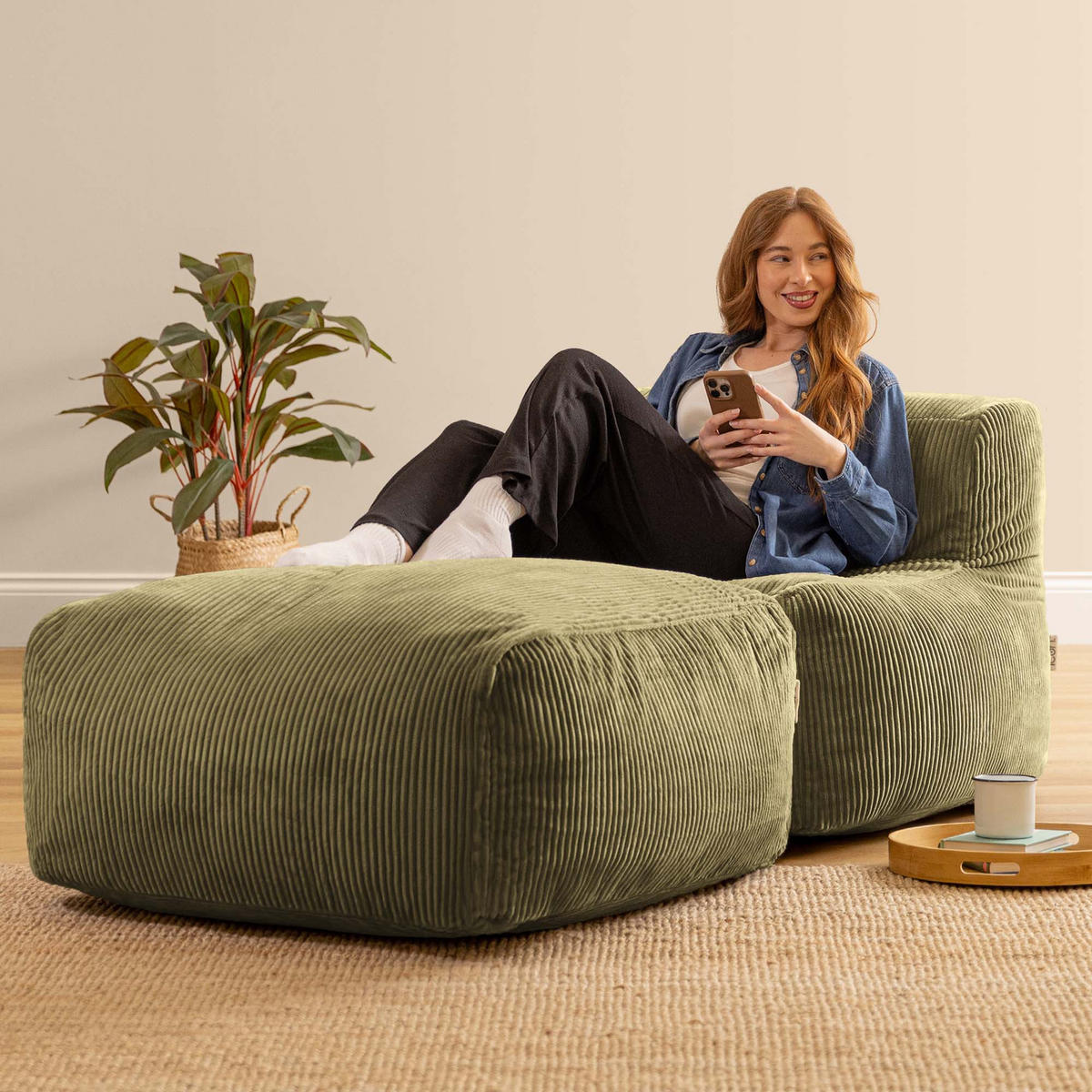 SITZSACK-SOFA 2-tlg.: Ecksessel, Fußstütze - Grün, Textil (185/46/95cm) - icon