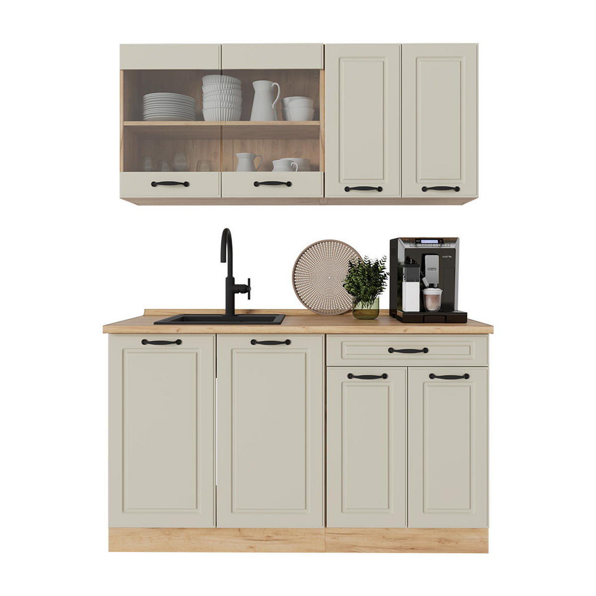 SINGLEKÜCHE R-Line, Sand Landhaus/Goldkraft Eiche, 140 cm Arbeitsplatte Goldkraft Eiche - Honigeiche/Beige, Holzwerkstoff (140/81.6/60cm) - Vicco
