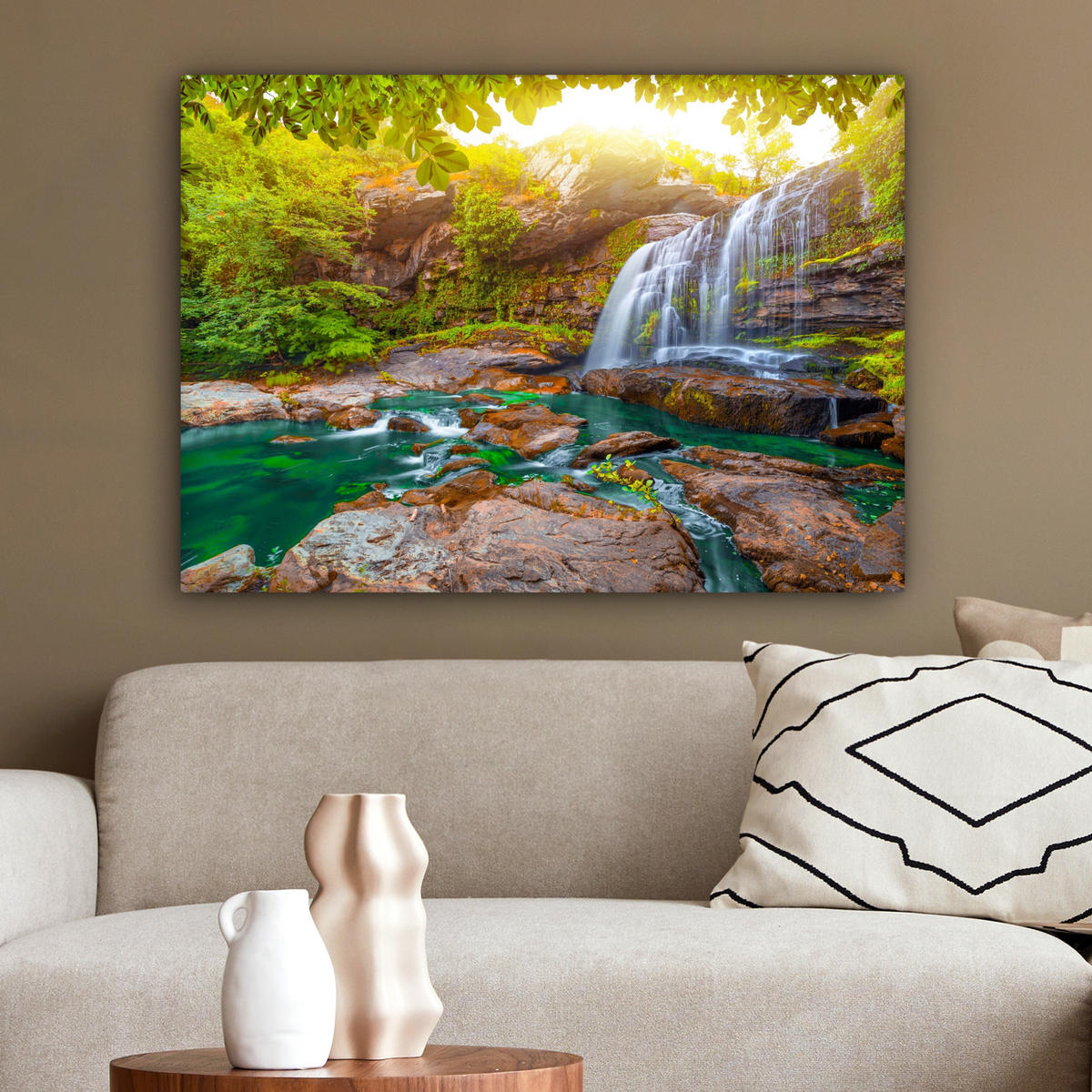 LEINWANDBILD Natur - Wasserfall - Pflanzen - Bäume - Sonne Wandbilder 80x60 cm - Olivgrün, Textil (80/60cm) - MuchoWow