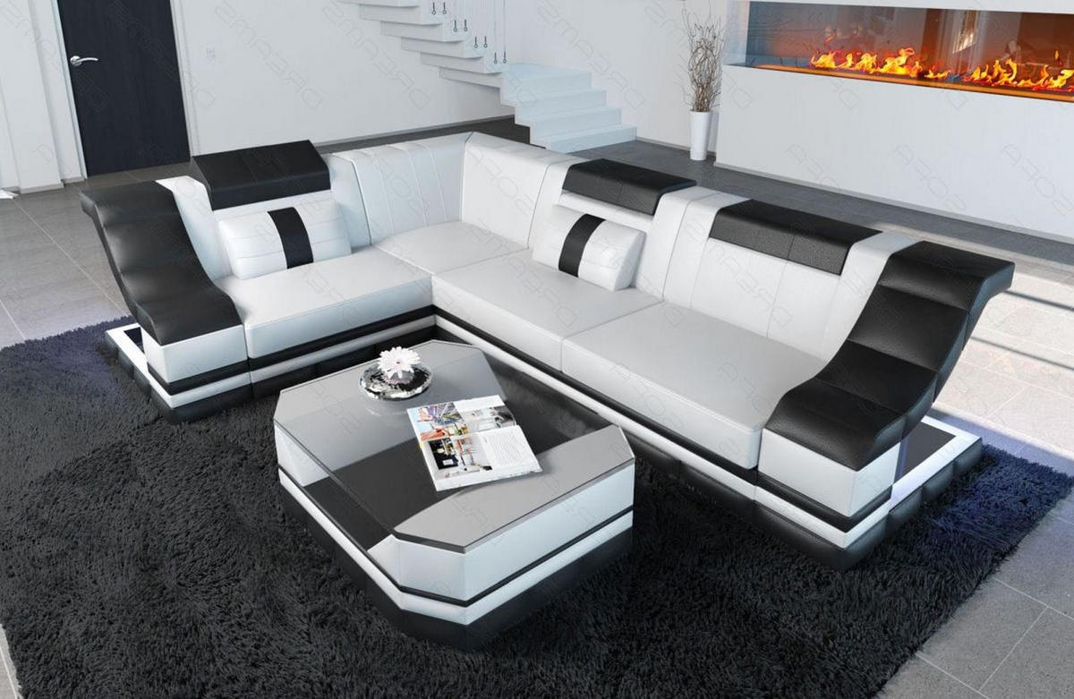 COUCH Bianchi Weiß Schwarz Ledermix - Weiß, Textil (271/196cm)