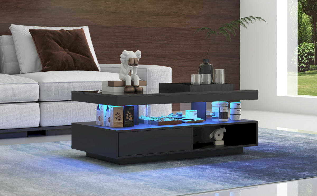 KLUB stolić 95/50/42,5 cm crni od iverice s LED rasvjetom i staklenim umecima - crna, drvni materijal (95/50/42.5cm) - OKWISH