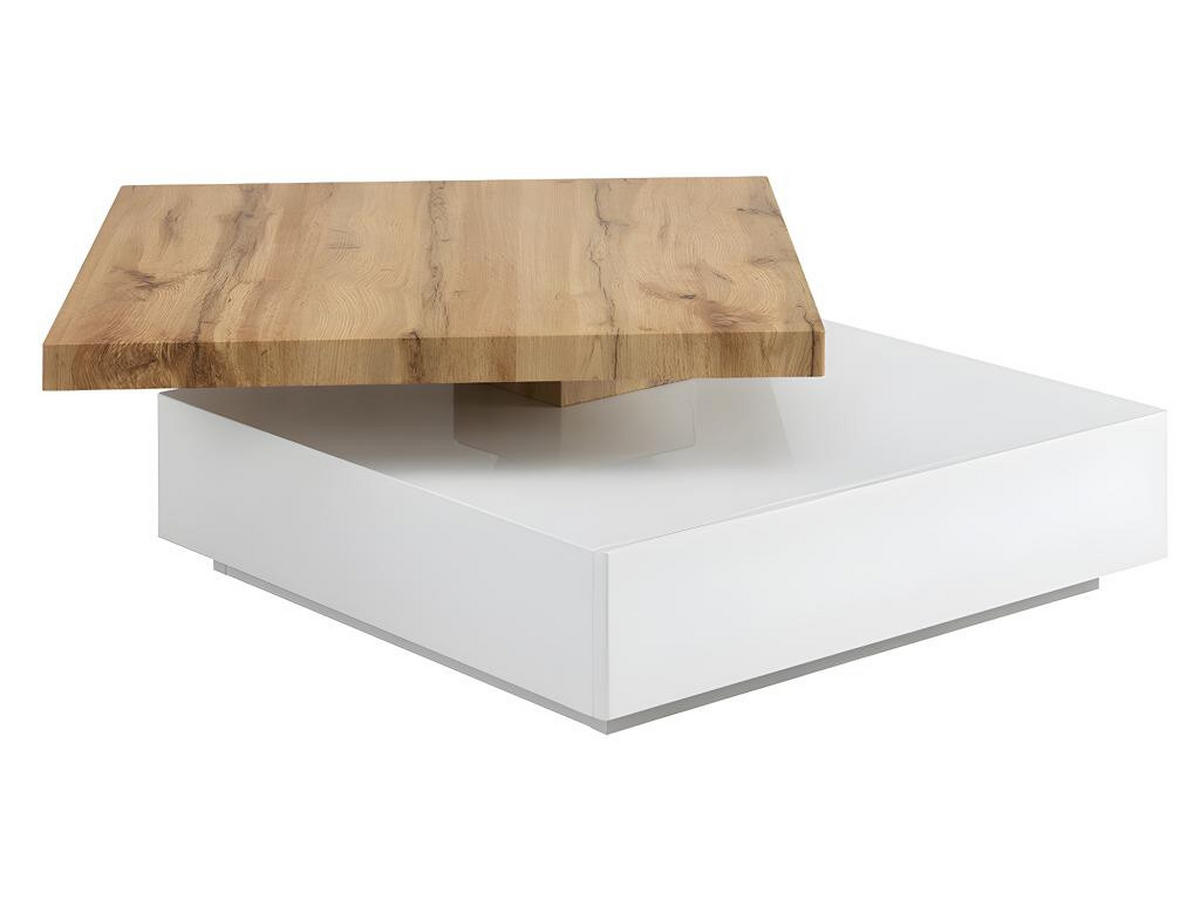 COUCHTISCH drehbar - 1 Schublade - MDF - Weiß & Holzfarben - KYRIA - Weiß, Holz (80/80/36cm) - Vente-Unique