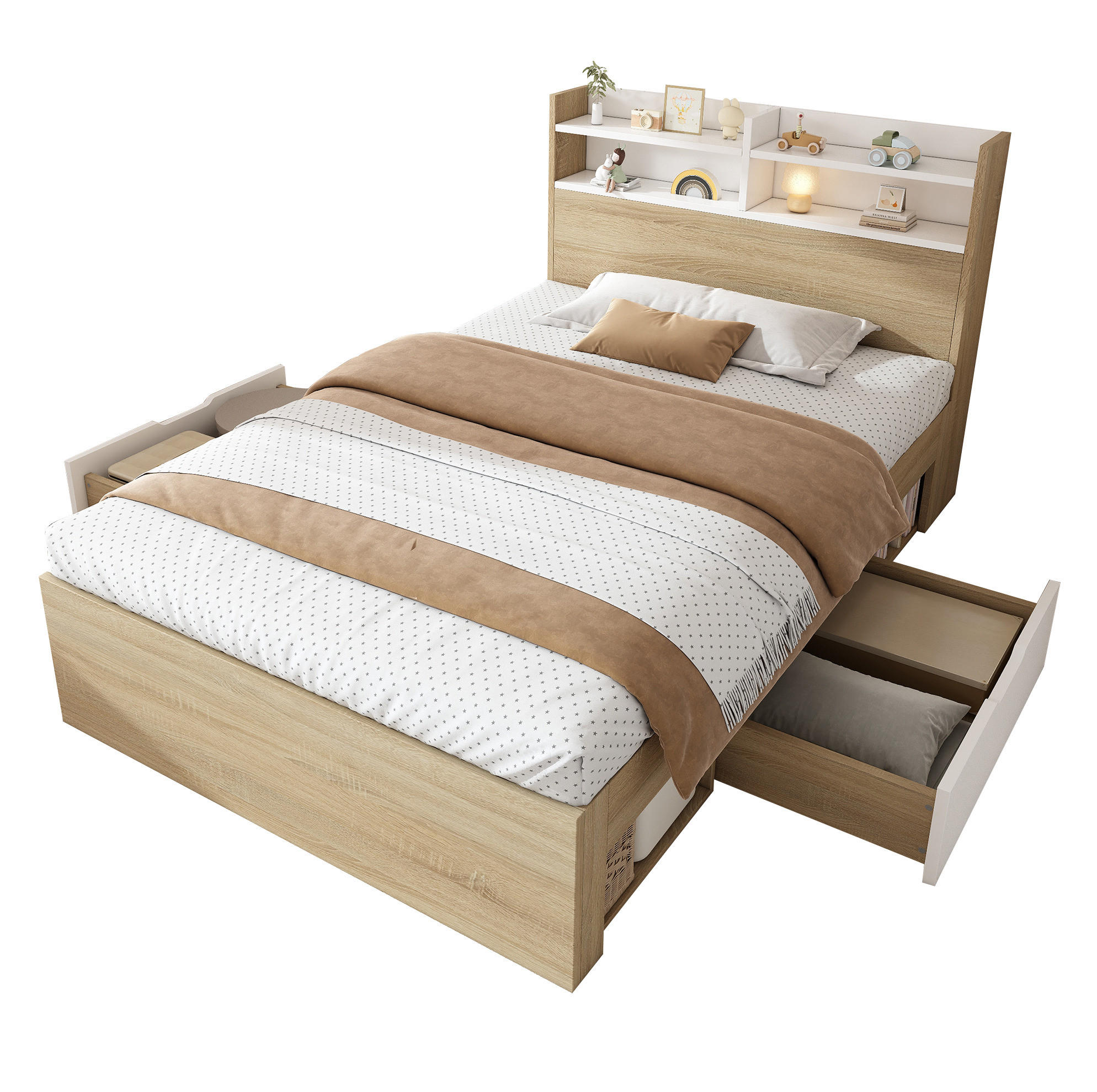 HOLZBETT 90/190 cm mit Kopfteil und 2 Schubladen – inkl. Lattenrost - Weiß, Holzwerkstoff (90/190cm) - BEAOK