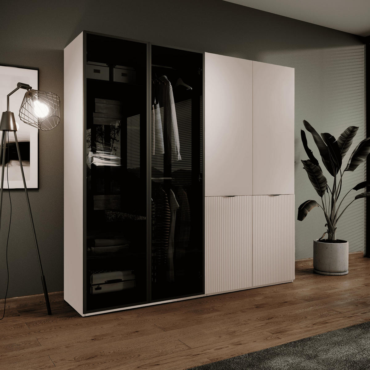Ravio KLEIDERSCHRANK ZEN (Modular, Beige Matt, Beige & Getöntes Glas Antisol, 4-türig) jetzt nur online ➤