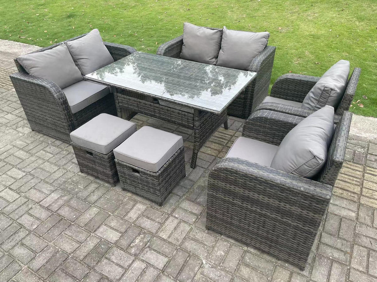 LOUNGEGARNITUR mit Fußschemel Polyrattan Dunkelgrau 8-Sitzer - Dunkelgrau/Grau, Glas/Kunststoff - Fimous