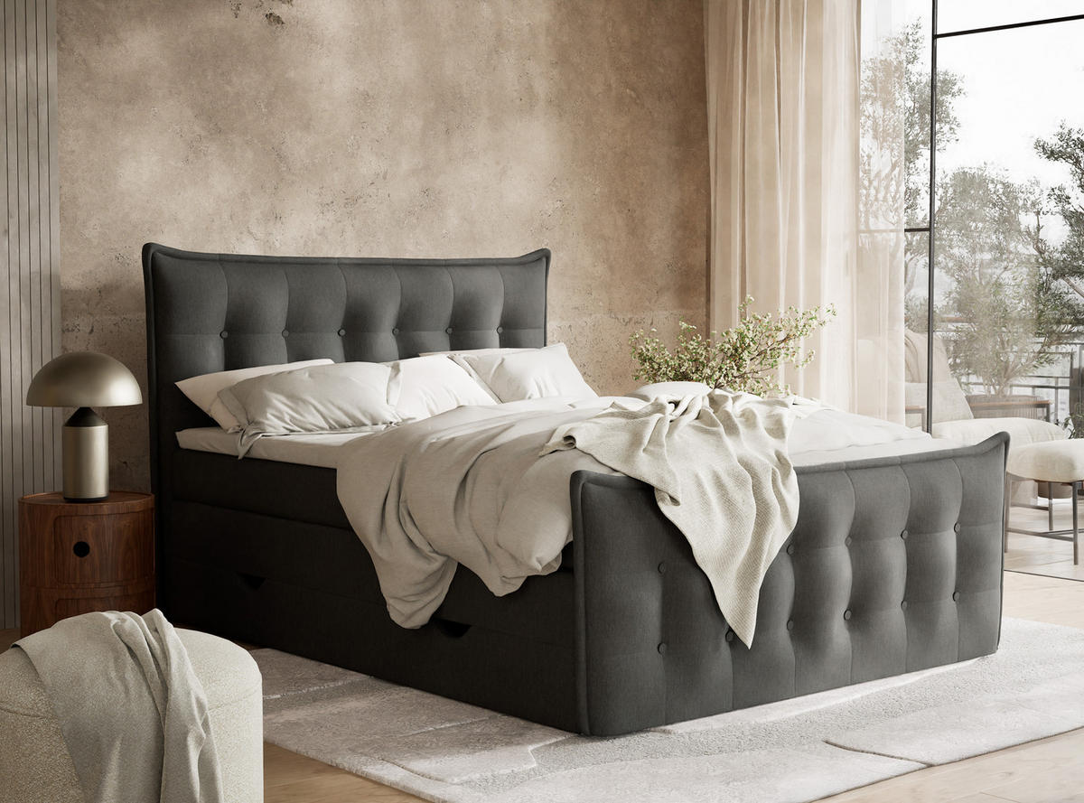 BOXSPRINGBETT Fatu 200/200 cm, in Graphit, Bettkasten, Matratze, Topper - Schwarz/Graphitfarben, Holz/Holzwerkstoff (200/200cm) - Maison de Reve