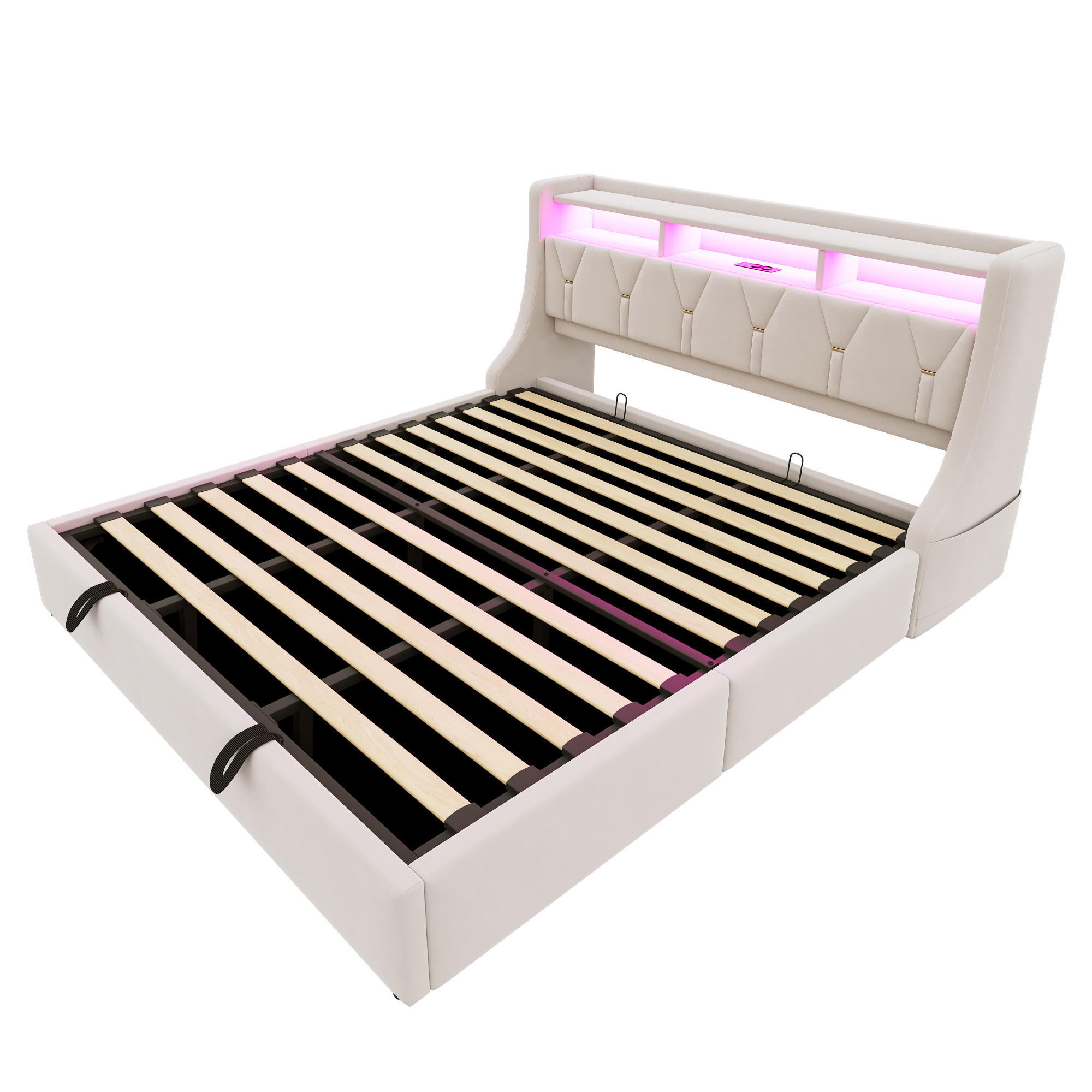 WISHDOR ČALOUNĚNÁ POSTEL 180 × 200 cm v béžovém sametu s úložným prostorem, LED osvětlením, USB a USB-C