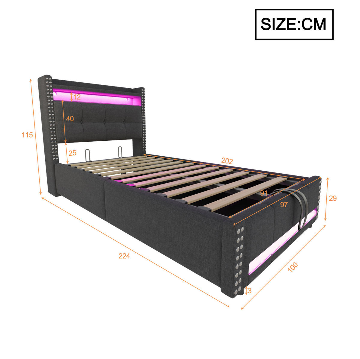 POLNJENA postelja iz leinen tkanine 90x200 cm siva z LED osvetlitvijo, USB priključkom in hidravličnim shranjevalnim prostorom - siva, tekstil (90/200cm) - Modfu