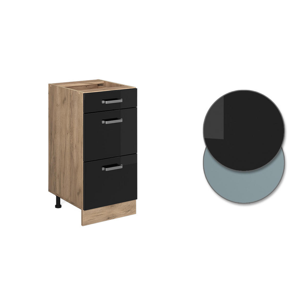 KÜCHENUNTERSCHRANK R-Line Schwarz Hochglanz 40 cm mit Schubladen AP Eiche - Honigeiche/Schwarz Hochglanz, Holzwerkstoff (40/81.6/60cm) - Vicco