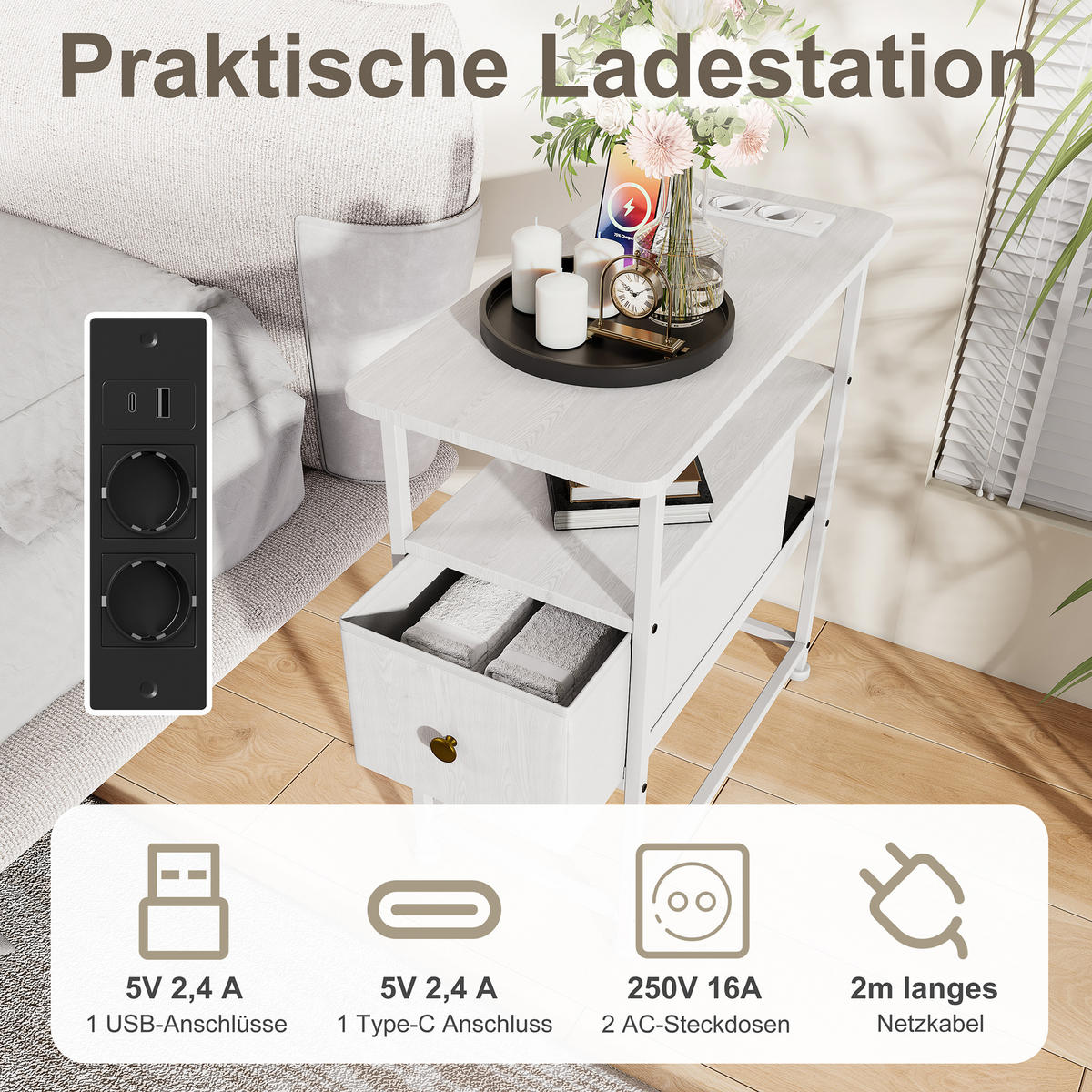 NACHTTISCH LED USB Schublade offene Fächer weiß - Weiß, Holz (60/62/30cm) - LEBENLANG