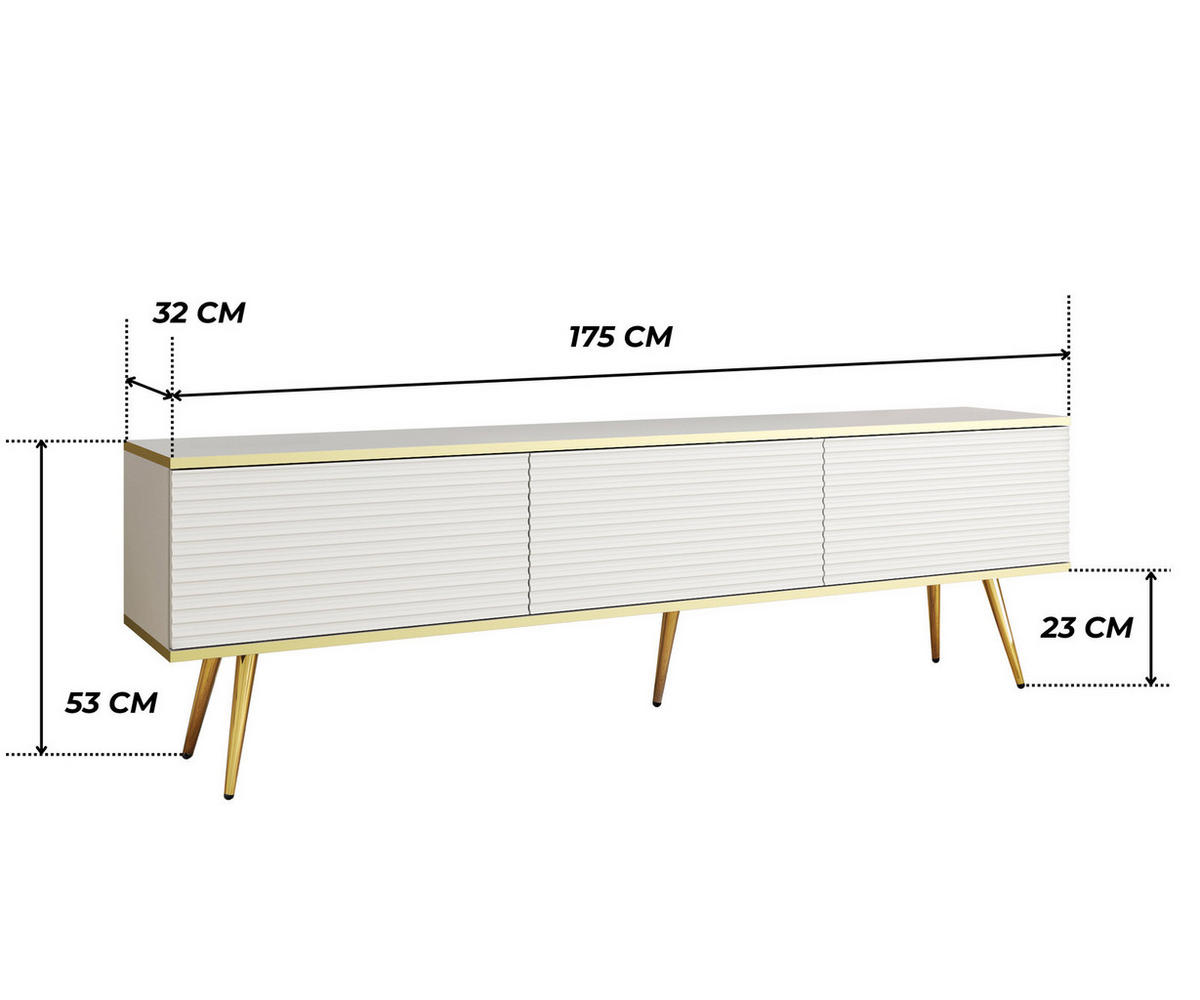 TV-BOARD FORNO (Weiß, Rillenfront, Goldene Details, 3 Klapptüren, goldene Metallfüße, 175 cm) - Gelb/Goldfarben, Holz/Holzwerkstoff (175/53/32cm) - Ravio