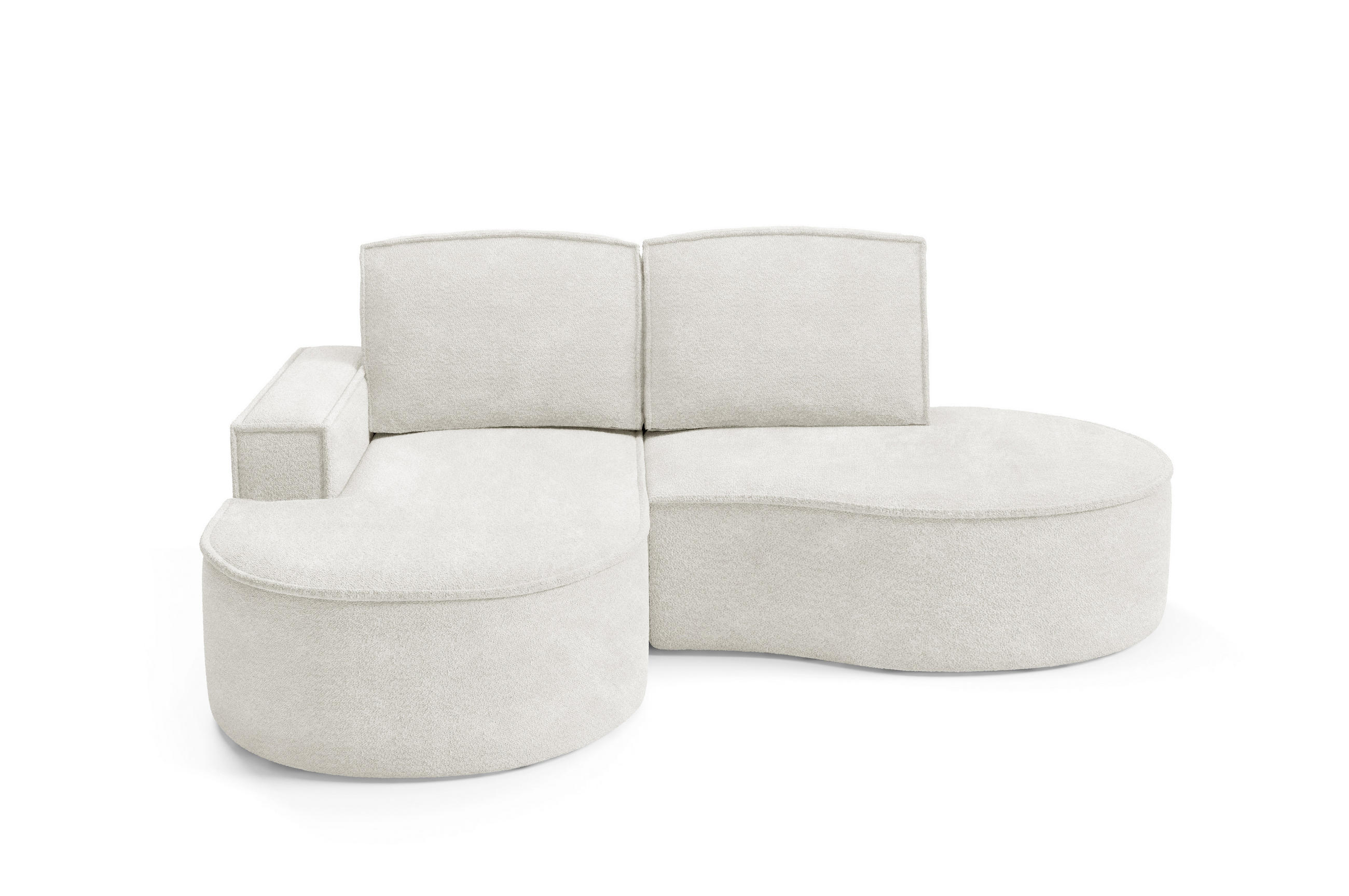 ECKSOFA MOLLY – Halbkreisförmig, Abriamo-Bouclé, Lose Kissen, Bouclé-Bezug, 210x157x88 cm, Links Weiß - Weiß, Holz/Textil (157/210cm) - DomoHome