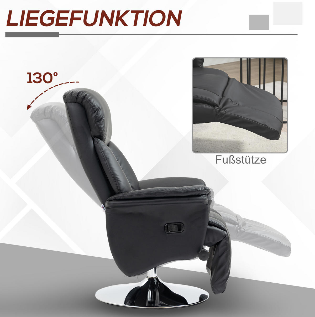 RELAXSESSEL in Schwarz 80x78x109 cm, 360° drehbar mit verstellbarer Rückenlehne und ausziehbarer Fußstütze - Schwarz, Kunststoff (78/109/80cm) - IVMEU