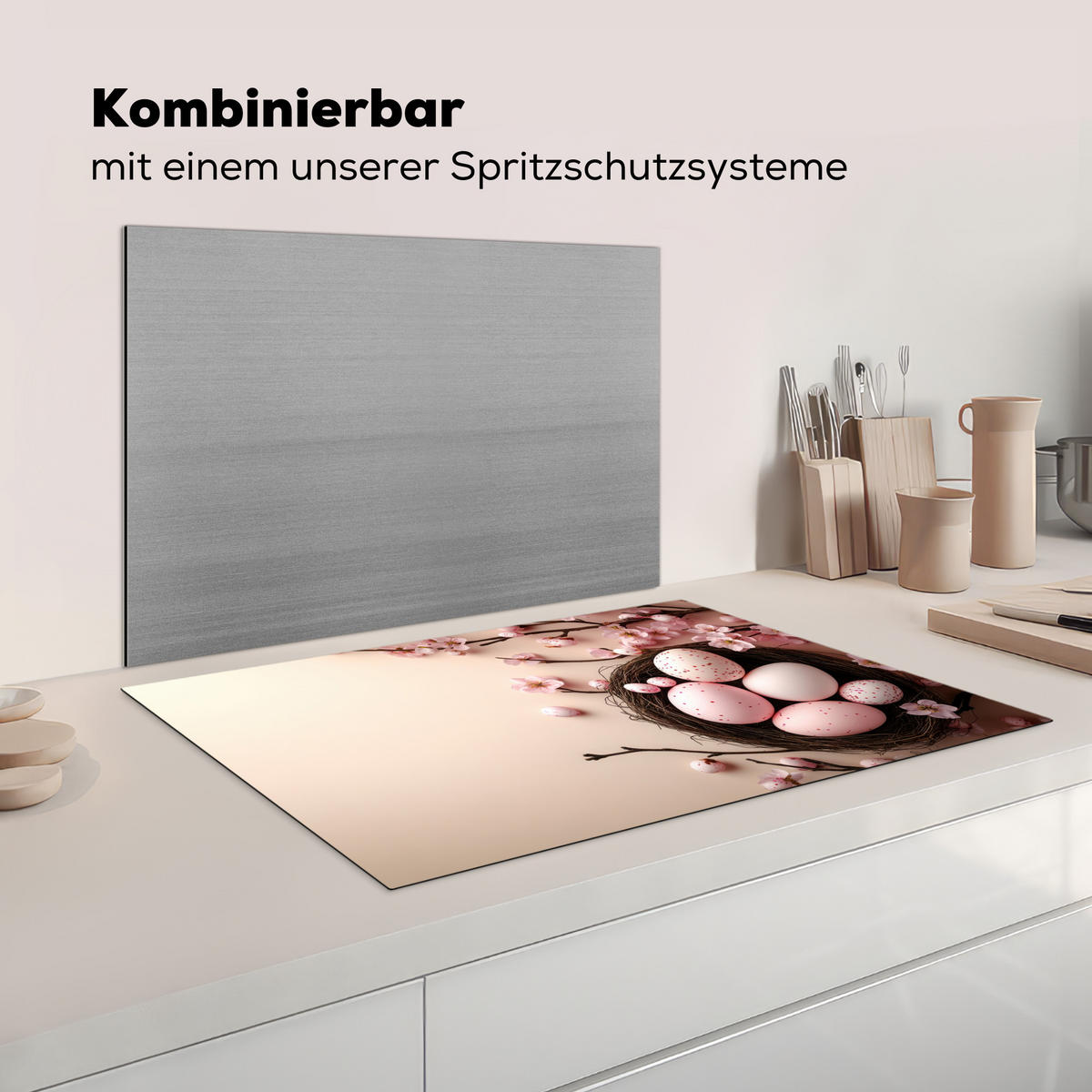 HERDABDECKPLATTE Rosa - Blüten - Eier Induktionsschutz 81.6x52.7 cm - Hellrosa, Kunststoff (81.6/52.7/0.2cm) - MuchoWow