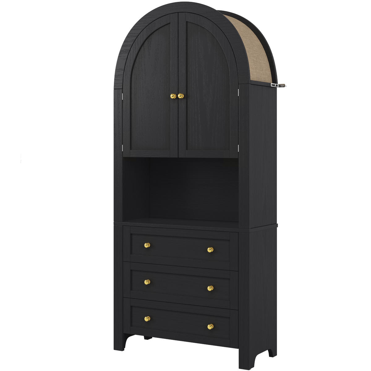 VYSOKÁ skříňka z MDF 70x35x180 cm černá se 3 zásuvkami, dvířky a otevřenou policí v obloukovém designu - černá, kompozitní dřevo (70/180/35cm) - Modfu