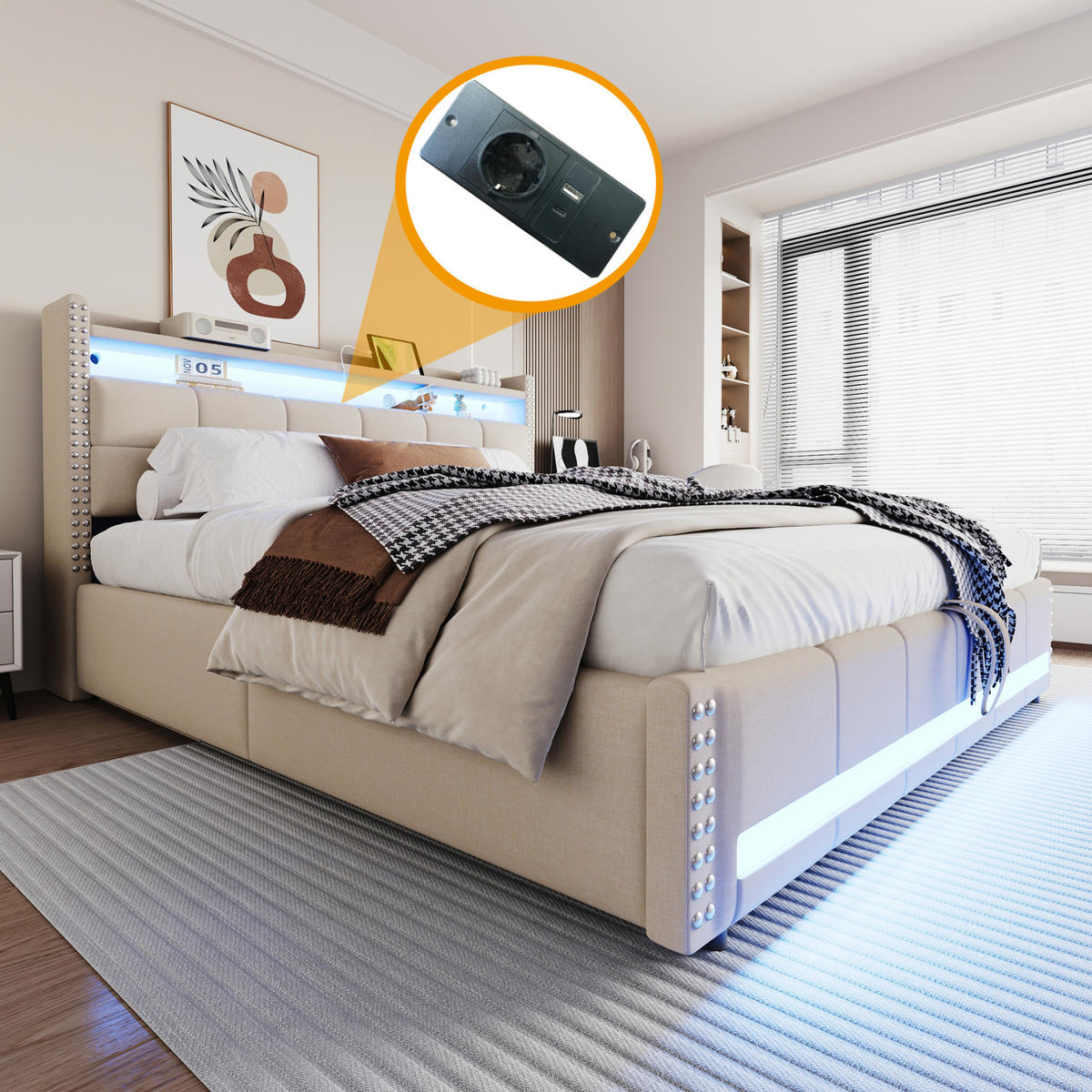 POLSTERBETT 180/200 cm Beige mit LED-Beleuchtung, USB-Steckdose und Stauraum - Beige, Textil (180/200cm) - Flora Grace