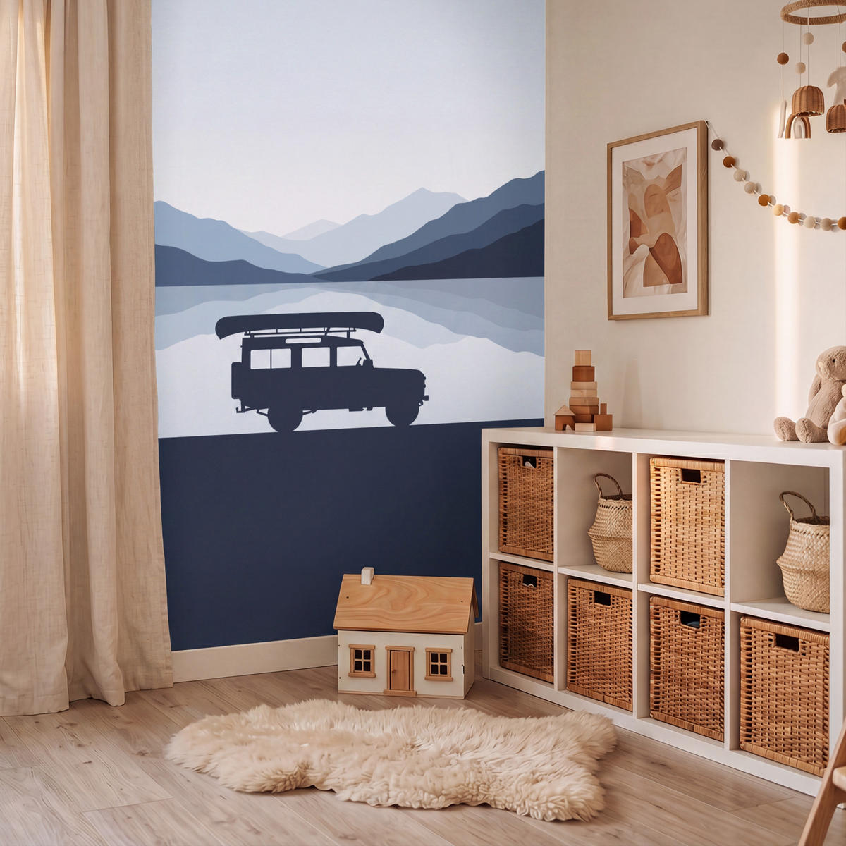 KINDERTAPETE - Auto - See - Berge - Blau - 160x220 cm - Blaugrau, Papier (160/220cm) - OnlyWow