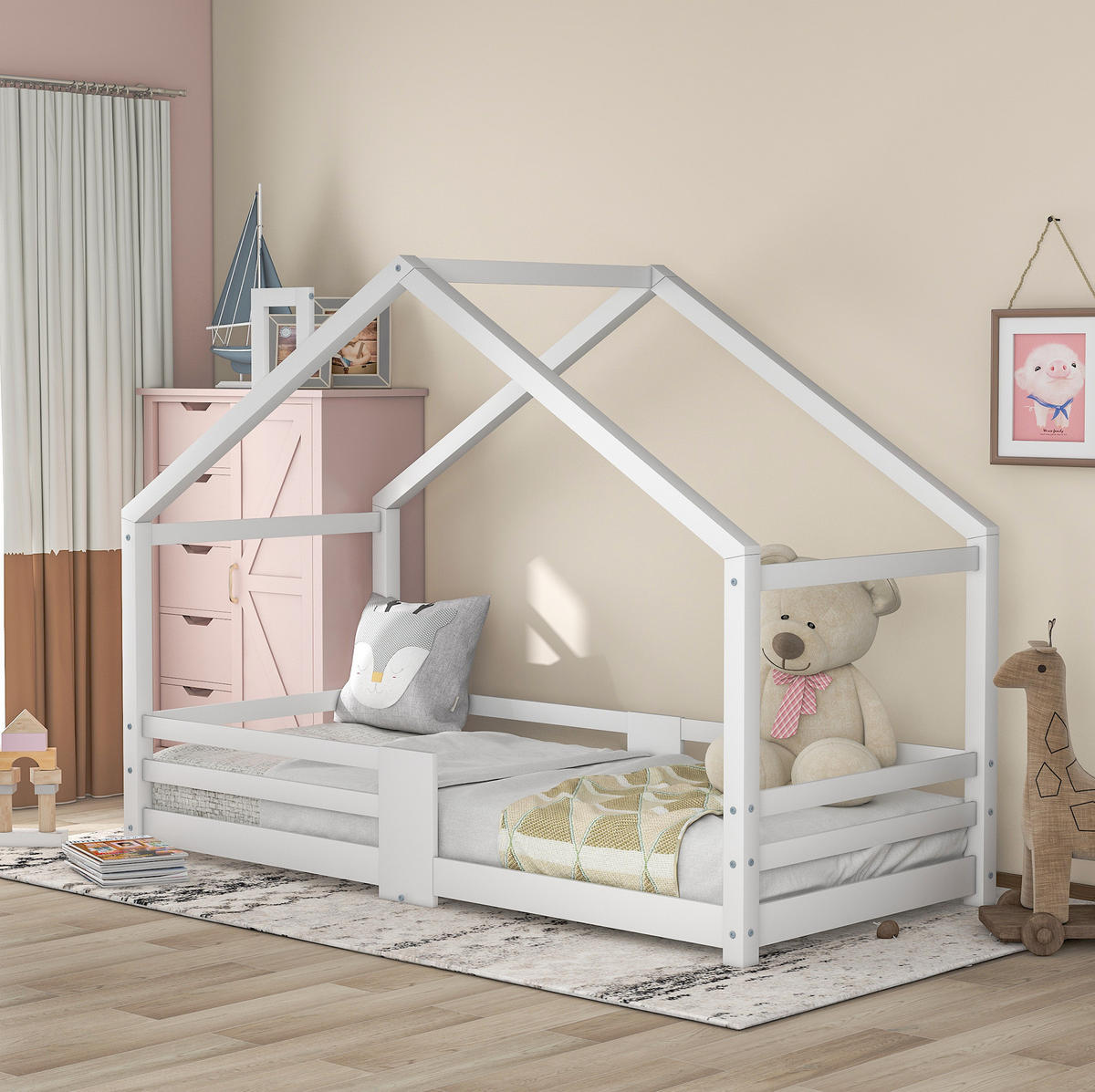 KINDERHAUSBETT 90/200 cm Weiß aus Massivholz mit Rausfallschutz - Weiß, Holz (90/200cm) - OKMYHOME