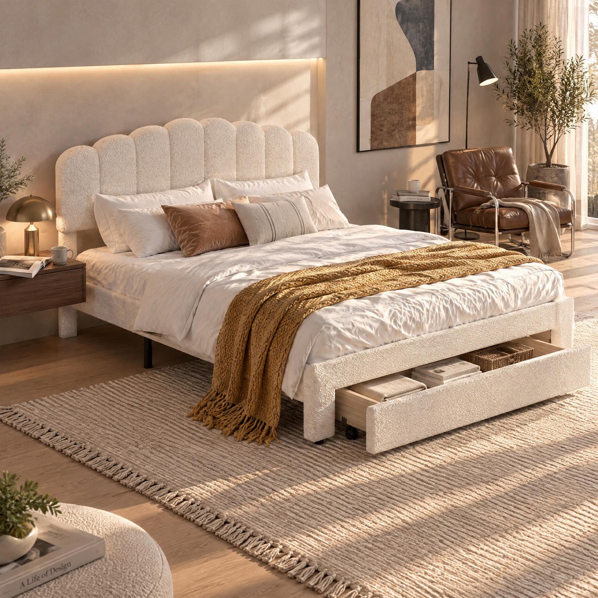 POLSTERBETT 140x200 cm mit Stauraum, Doppelbett mit Schubladen, USB und Typ-C, Lattenrost, verstellbares Kopfteil, Teddy-Fleece Beige - Beige, Holz/Metall (140/200cm) - GENKI LIVING
