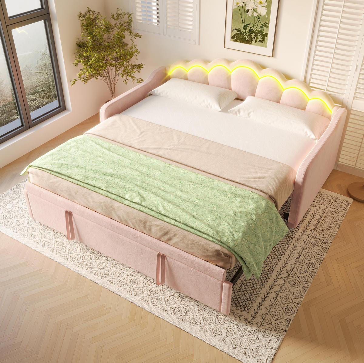 TAGESBETT aus Samt 90x200/180x200 cm Rosa mit Ausziehbett und LED-Beleuchtung, gewelltem Kopfteil - Rosa, Textil (90/200cm) - Modfu