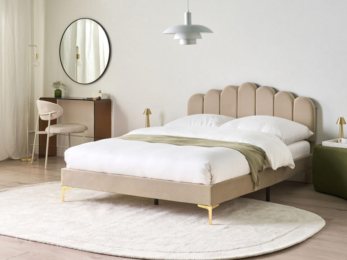 POSTEL s roštem 140/200 cm Sametová látka Taupe Sauvian - šedohnědá, textil (140/200cm) - Beliani