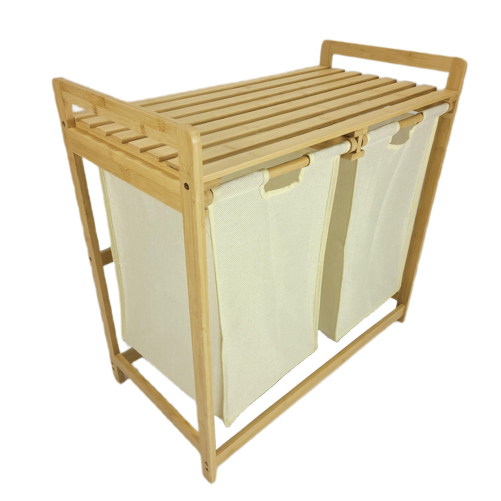 WÄSCHEKORB Bambus Textil Beige Naturfarben 2 Kammern 70x35x68 cm - Beige/Naturfarben, Holz/Textil (70/68/36.5cm) - Begryf