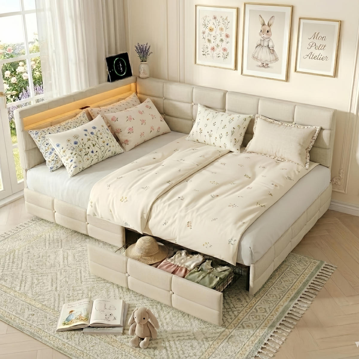 POLSTERBETT 140x190 cm mit 2 Schubladen und LED - Gepolstertes Schlafsofa aus Leinen mit USB und Lattenrost - Für Jugendliche und Erwachsene - Beige - Beige, Holzwerkstoff (140/190cm) - Brevoria