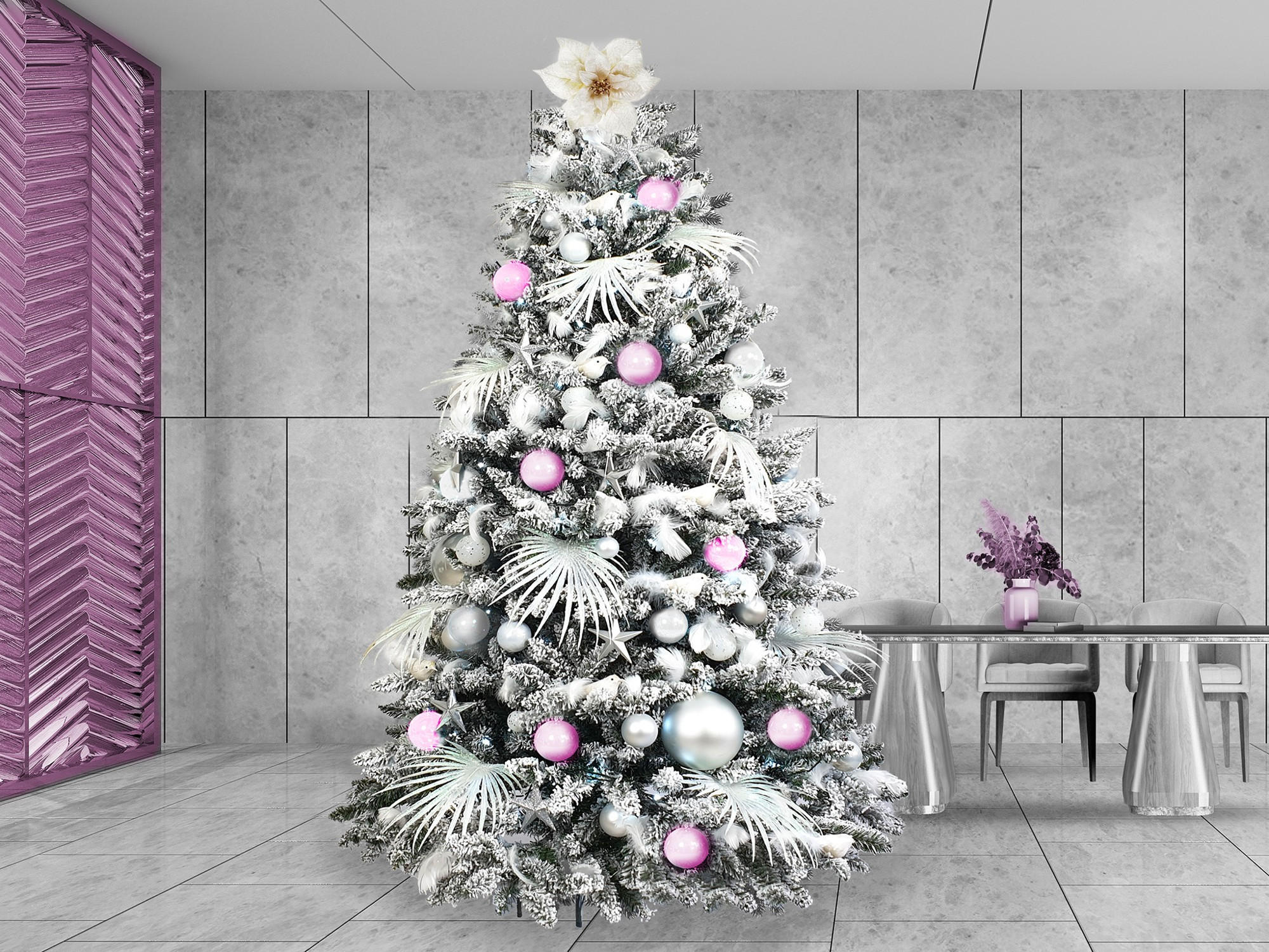 WEIHNACHTSBAUM geschmückt künstlich mit 222 Stk Kugeln POLAR PINK 300 cm mit Metallständer - Silberfarben/Weiß, Kunststoff (300cm) - LAALU