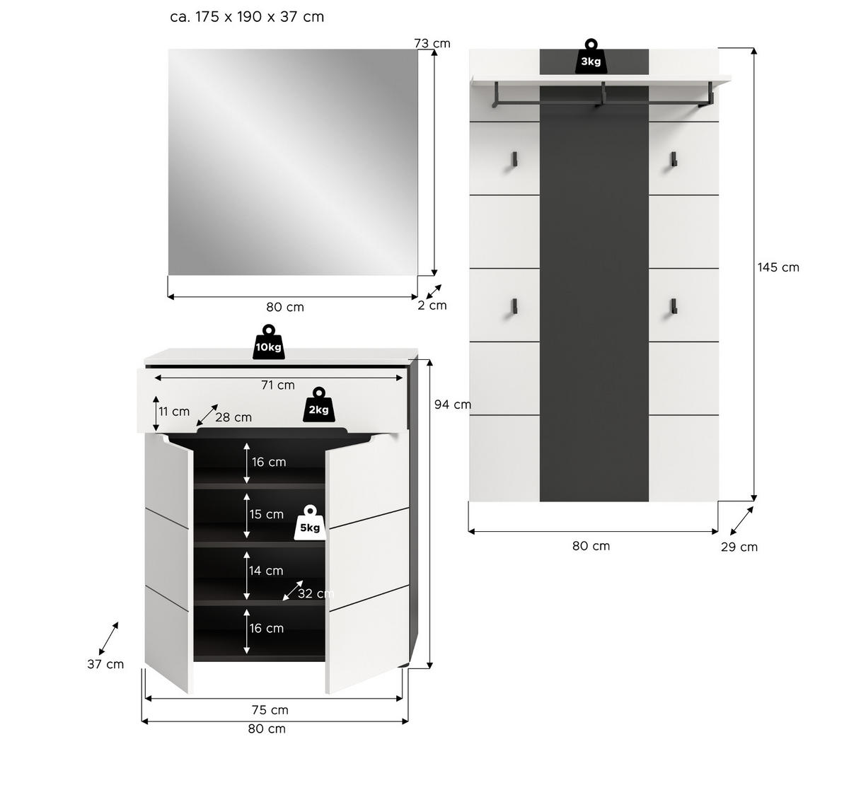 GARDEROBEN-SET 3-teilig weiß, grau 175 cm, Garderobenschränke mit Soft-Close, Cooper - Schwarz/Weiß, Glas/Holzwerkstoff (75/190/37cm) - Inn.Furn