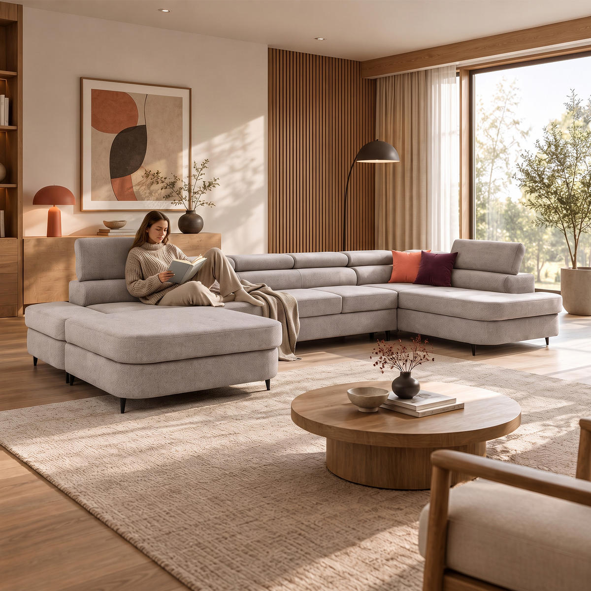 ECKSOFA U-Form PRIAM MAXI U Rechts mit Schlaffunktion 125x317 Velours Beige - Beige/Schwarz, Holz/Textil (400/91/203cm) - Muffo