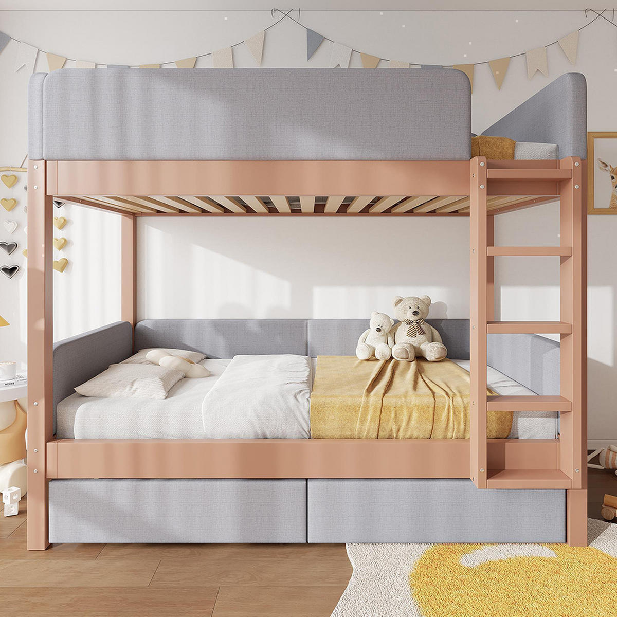 ETAGENBETT 90x200cm mit weiche Antikollisions-Schwammkante, Grau+Natur - Grau, Holz (98/216cm) - KOMHTOM