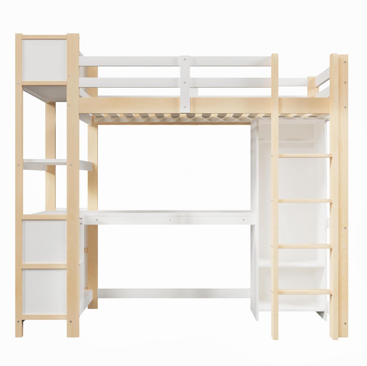 HOCHBETT 90/200 cm aus Kiefern mit Schreibtisch, Regalen und Kleiderschrank, Weiß/Natur - Naturfarben, Holzwerkstoff (90/200cm) - Redom