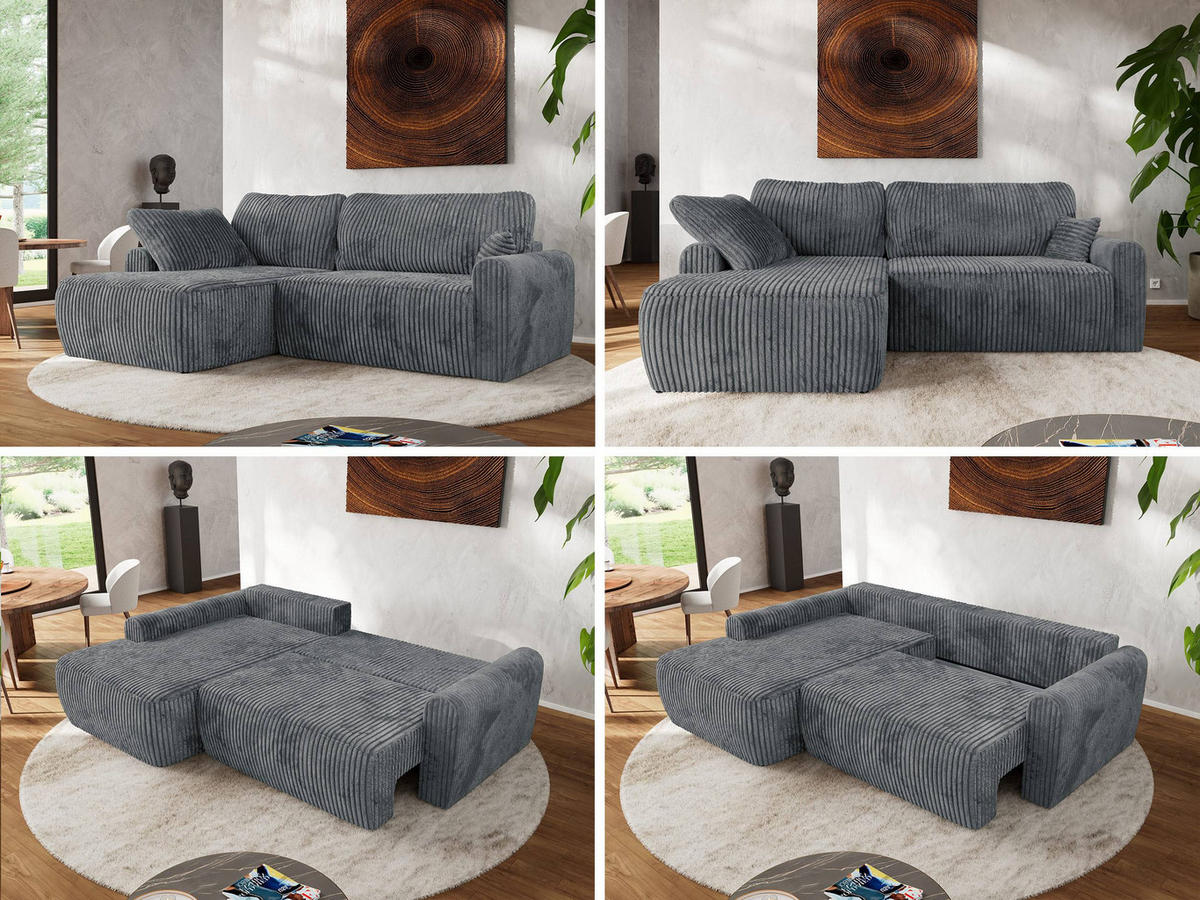 ECKSCHLAFSOFA CUBO L Dunkelgrau Cord - links - Dunkelgrau/Schwarz, Kunststoff/Textil (273/187cm) - MKS