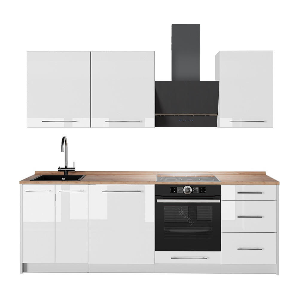 KÜCHENZEILE Fame-Line, Weiß Hochglanz/Weiß, 230 cm, AP Eiche - Weiß Hochglanz/Weiß, Holzwerkstoff (230/82/60cm) - Vicco