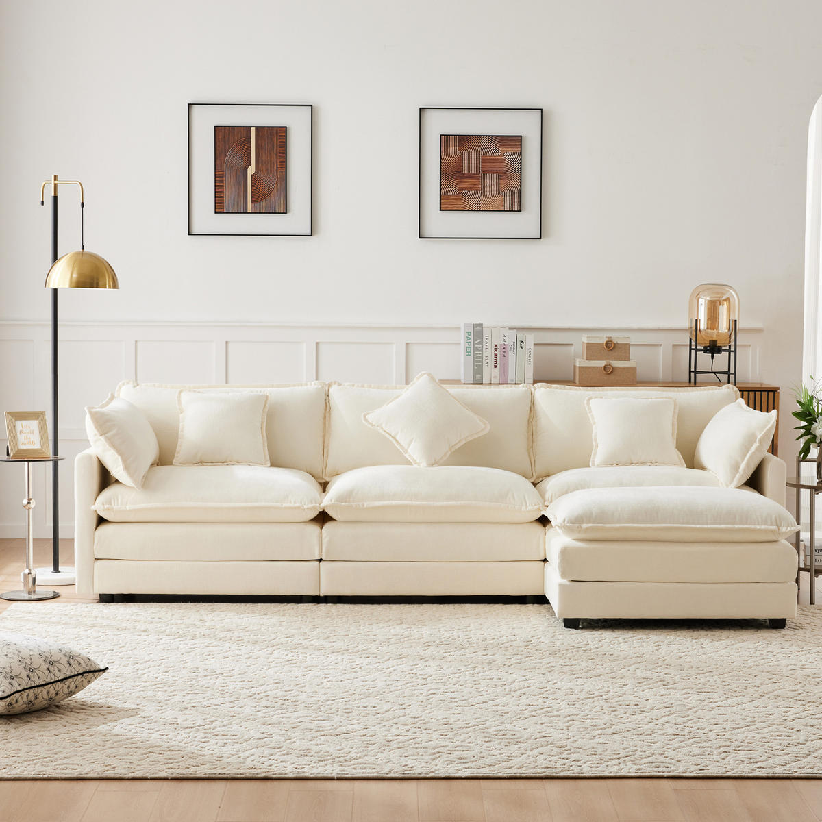 3-SITZER ECKSOFA Chenille Beige mit Kissen und Hocker - Beige, Holzwerkstoff/Kunststoff (283/147cm) - WISHDOR