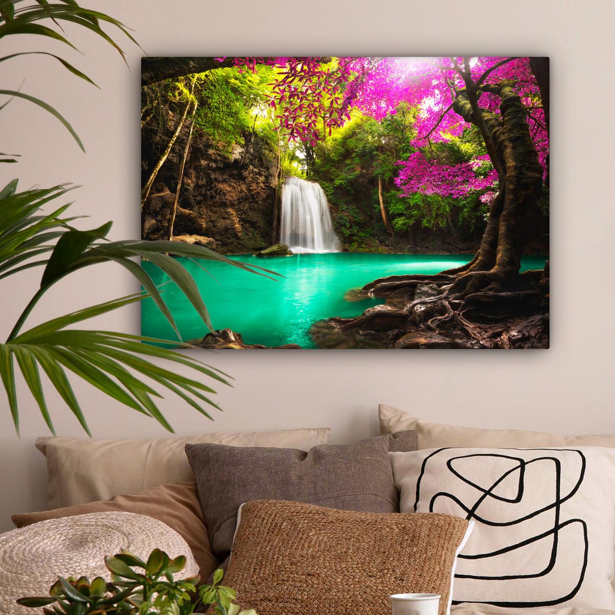 LEINWANDBILD Wasserfall mit bunten Blumen und Bäumen - Natur - Dschungel Wandbilder 80x60 cm - Waldgrün, Textil (80/60cm) - MuchoWow