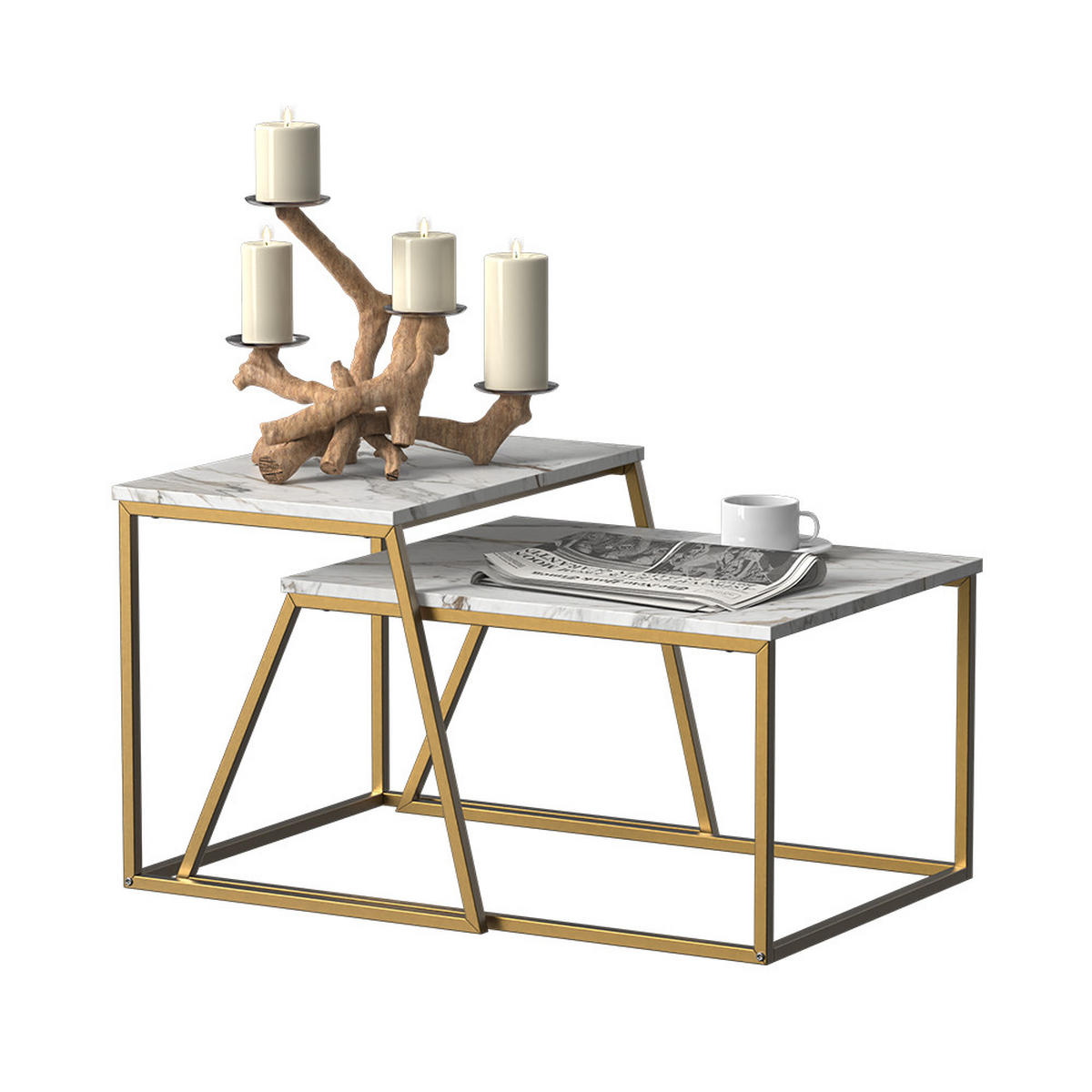 COUCHTISCH-SET Myra Marmor-Weiß/Gold 60 x 50 cm 2 Teile - Weiß Hochglanz/Goldfarben, Holzwerkstoff (50/60/38cm) - Vicco