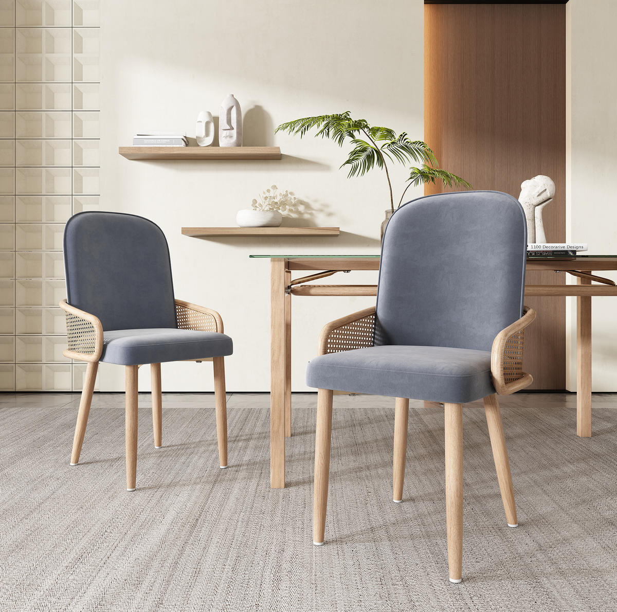 ESSZIMMERSTUHL 6er-Set Samt mit Rattan-Design Grau - Grau, Holz (43/90/41cm) - Meubliv