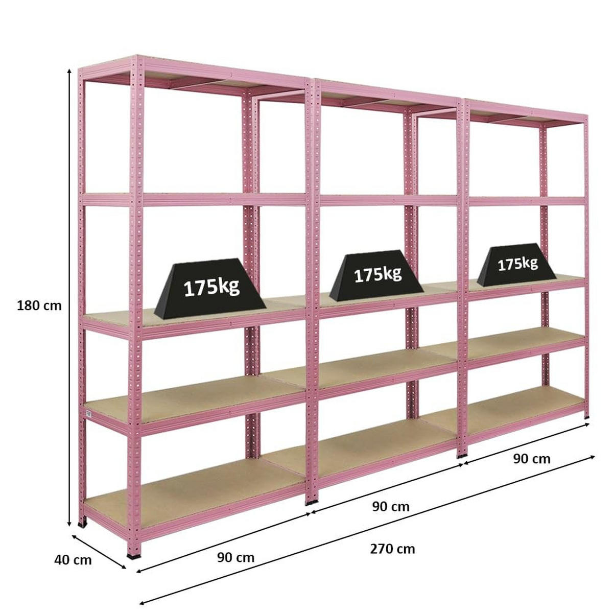 WOHNREGAL Pink Lady 3er-Set mit 3x 180x90x40cm Fachlast 175 kg 5 Ebenen Pink - Pink, Metall (270/180/40cm) - PROREGAL