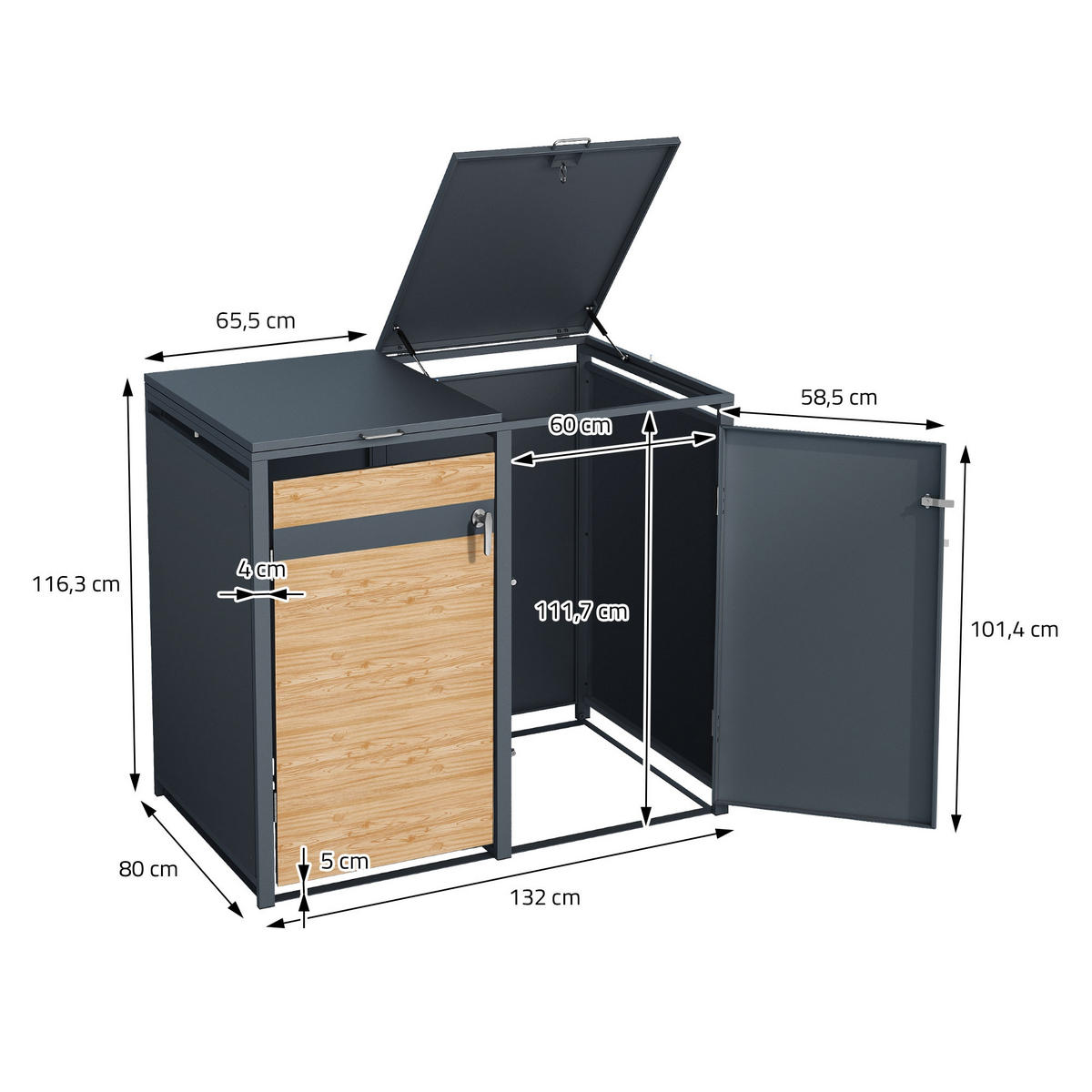 MÜLLTONNENBOX 2er Anthrazit-Lärchenoptik - Naturfarben, Metall (132/116.3/80cm) - ML-DESIGN