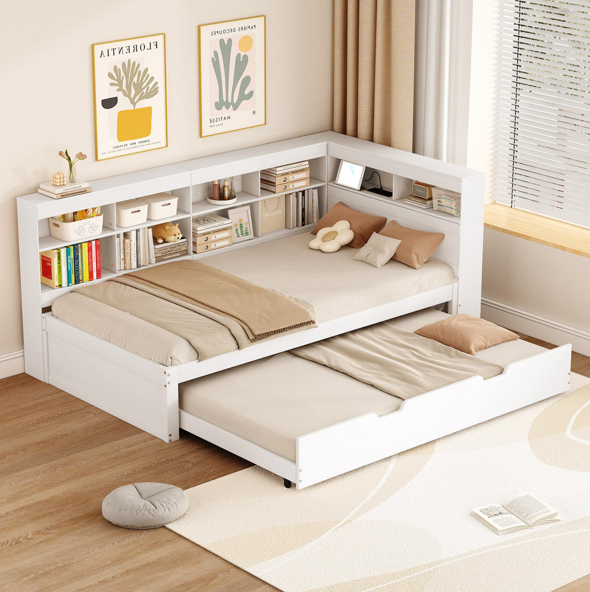 AUSZIEHBETT 90/200 cm aus Holz mit Stauraum und USB-Anschluss, Weiß - Weiß, Holz (90/200cm) - Flora Grace