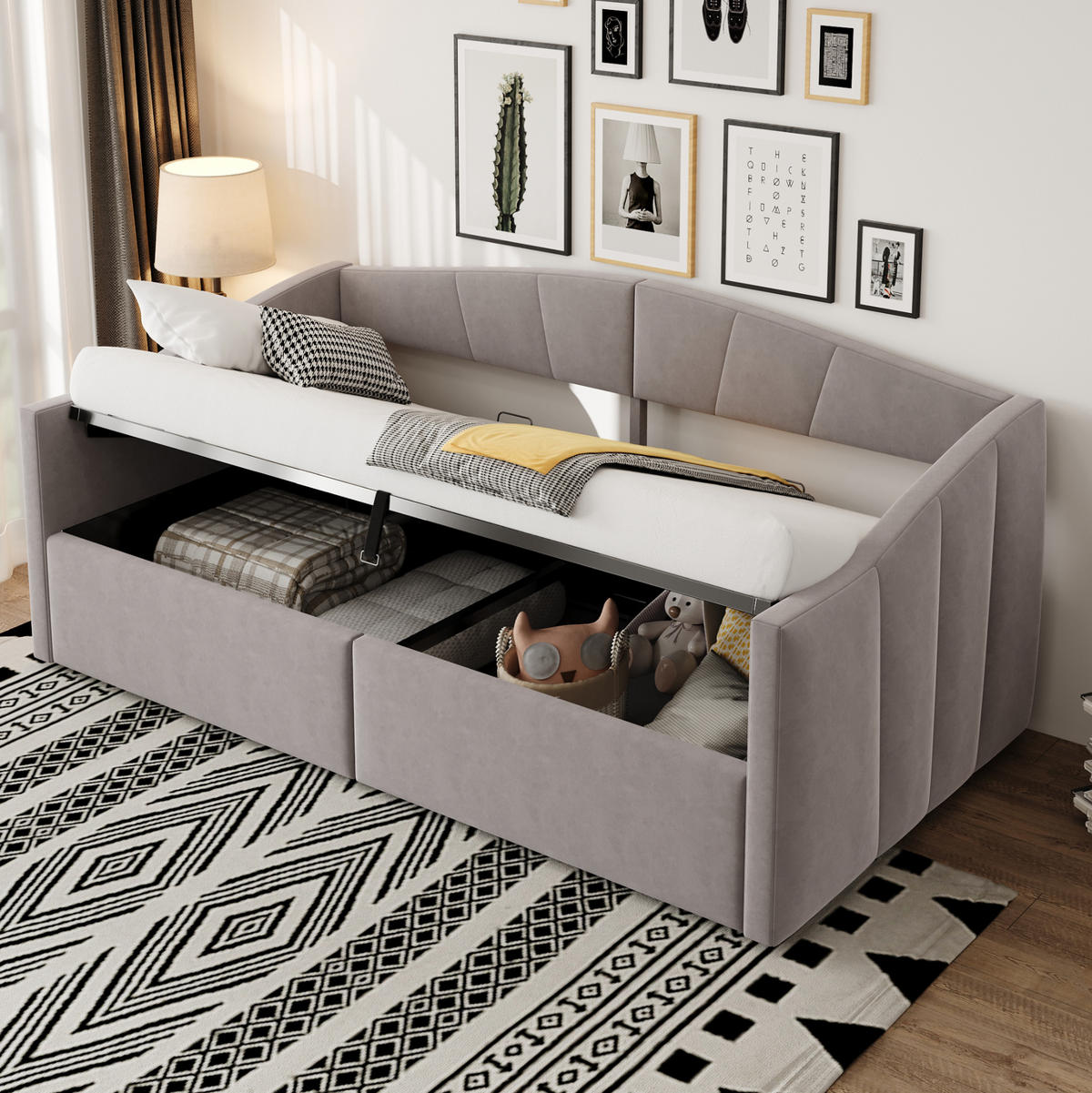 POLSTERBETT Schlafsofa 90/200 cm aus Samt mit hydraulischem Stauraum und Armlehnen Hellgrau - Hellgrau, Textil (90/200cm) - Modenvie