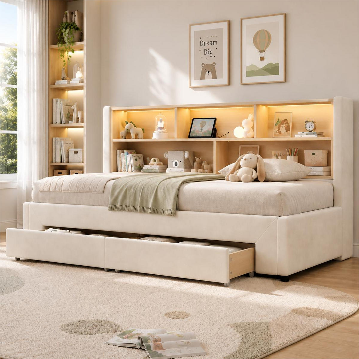 POLSTERBETT 90/200 cm & 90/200 cm in Beige Samt mit 2 Schubladen, LED und USB - Beige, Holzwerkstoff/Textil (90/200cm) - STILVORA