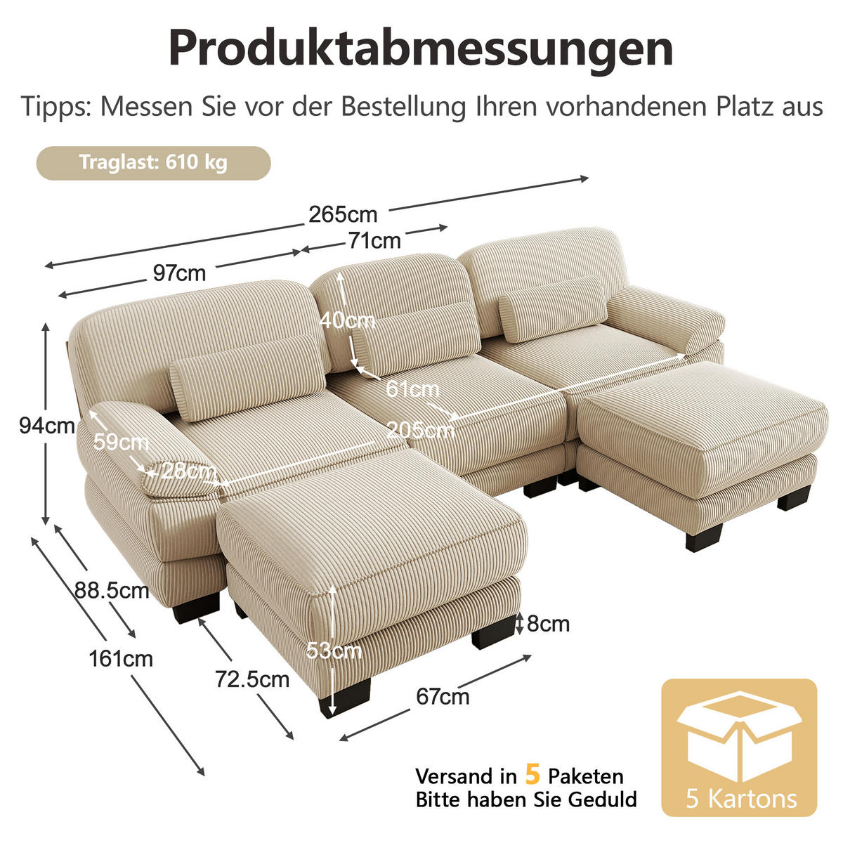 WOHNLANDSCHAFT 3-Sitzer U-Form mit 2 Hockern, DE-42659, Beige - Beige, Holz (265/94/161cm) - ComfortXL