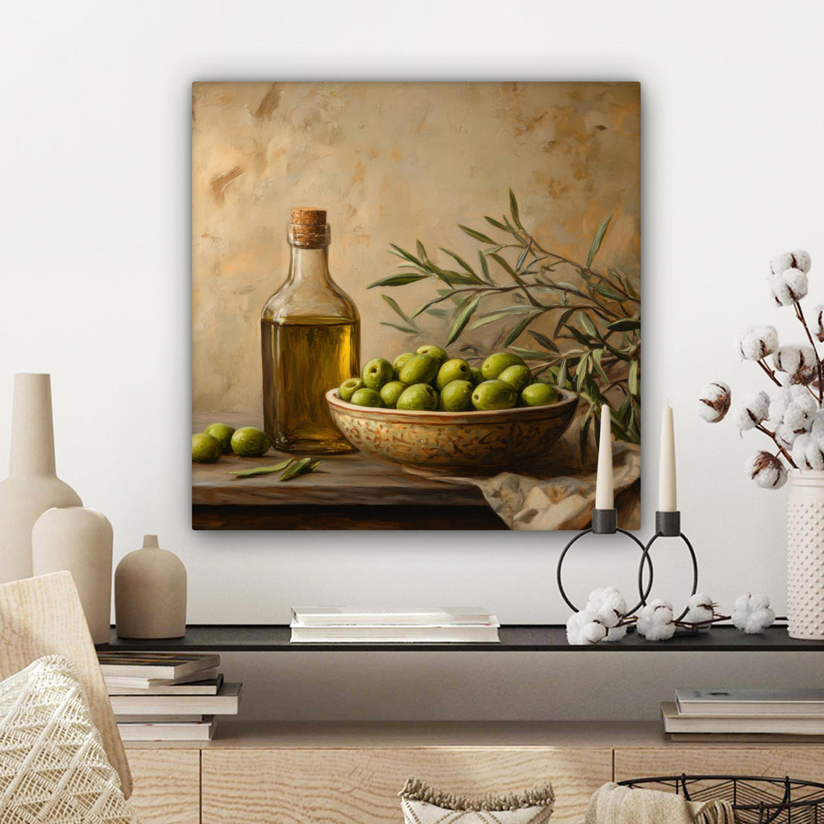 LEINWANDBILD Oliven - Stilleben - Vintage Wandbild Wohnzimmer 50x50 cm - Olivgrün, Textil (50/50cm) - MuchoWow