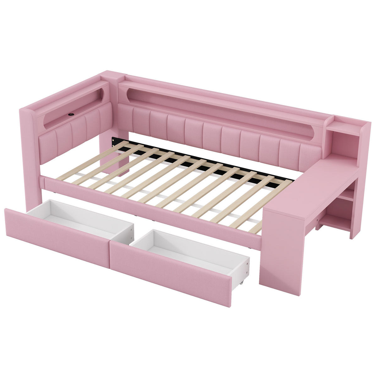 GEPOLSTERTES Tagesbett 90/200 cm mit LED-Beleuchtung, USB-Anschluss, Schreibtisch und 2 Schubladen, Rosa - Rosa, Holzwerkstoff (90/200cm) - Redom