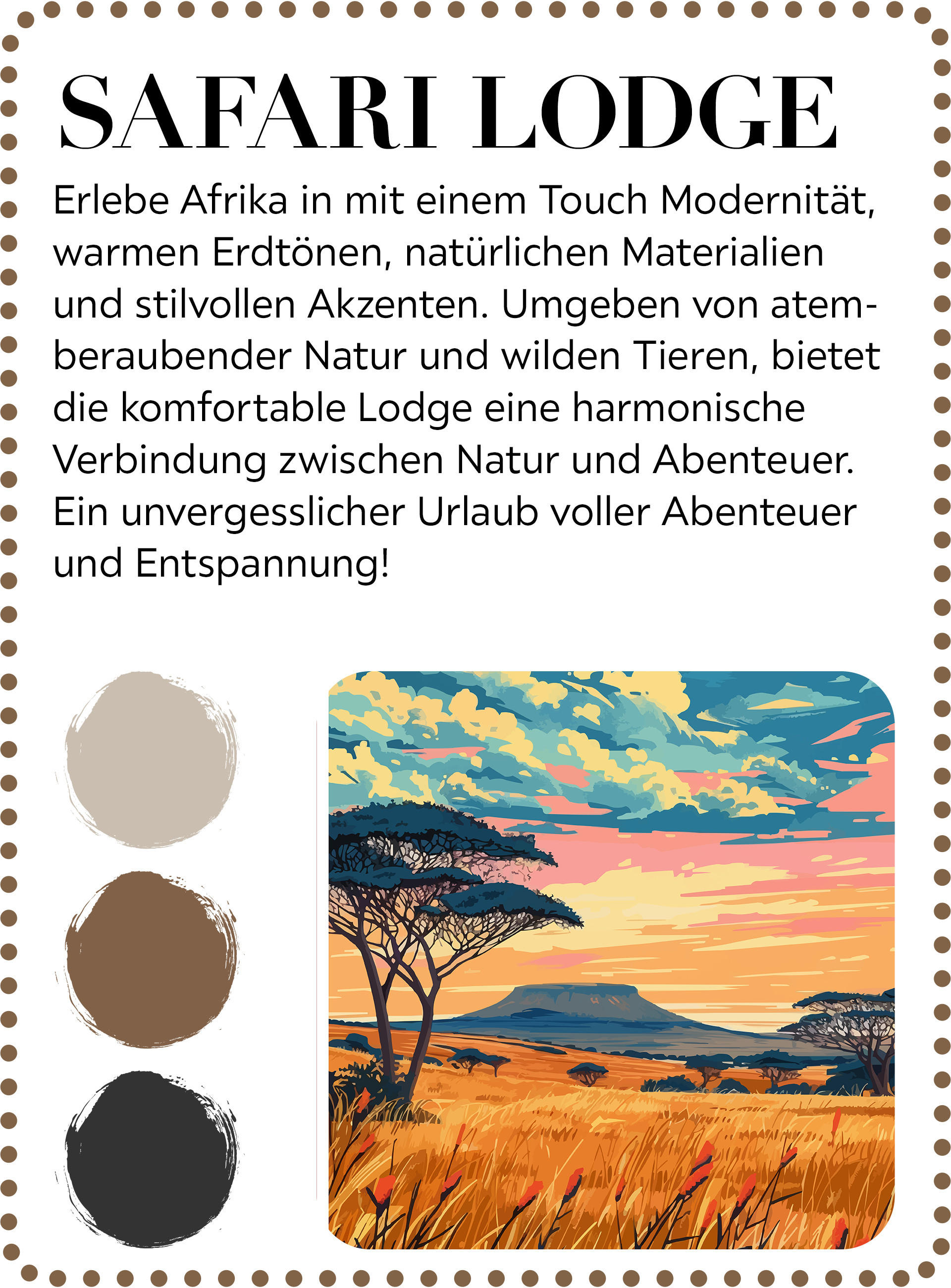 llustration einer afrikanischen Savanne mit Akazienbaum, Grasland und farbenfrohem Sonnenuntergang in warmen Erdtönen